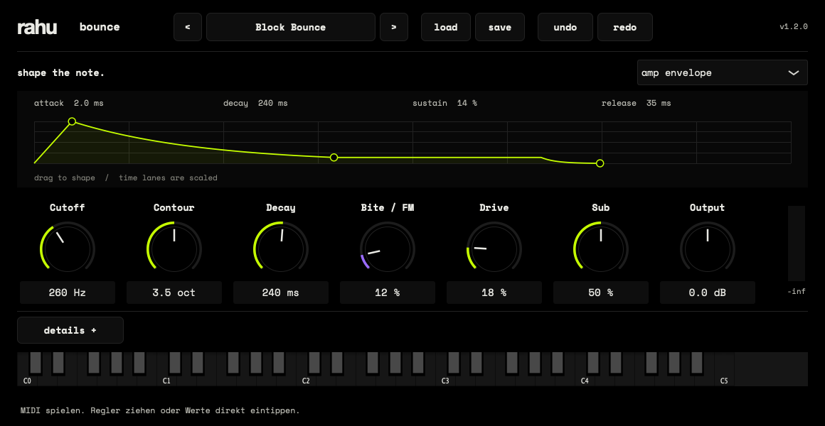 Rahu Bounce synthesizer interface with envelope editor, seven sound controls, and a keyboard